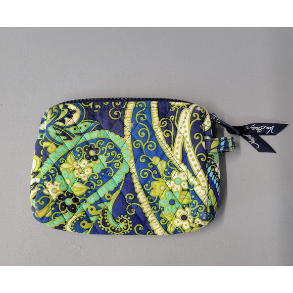 Vera Bradley Quilted Cotton Cosmetic Makeup Zip Pouch Small Paisley Navy Green - Picture 1 of 15